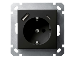 1L213B Розетка с заземлением 16А+2USB A+С, черный матовый