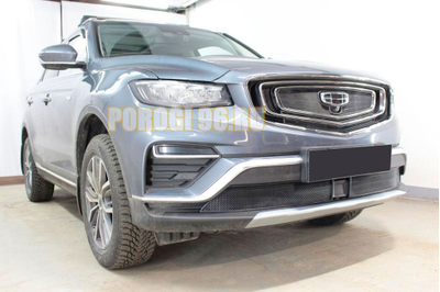 Защита радиатора Geely Atlas Pro 2021- black верх (3 части)