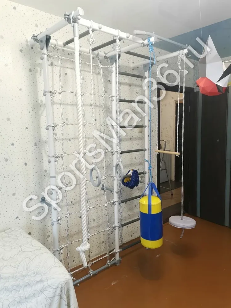 ДСК ЮНЫЙ АТЛЕТ МОДЕЛЬ «ПРИСТЕННЫЙ-ЛАЙТ» С РУКОХОДОМ И СЕТКОЙ, цвет металла белый + ЛИАНА МЯГКАЯ +ДЕТСКИЙ БОКСЕРСКИЙ НАБОР