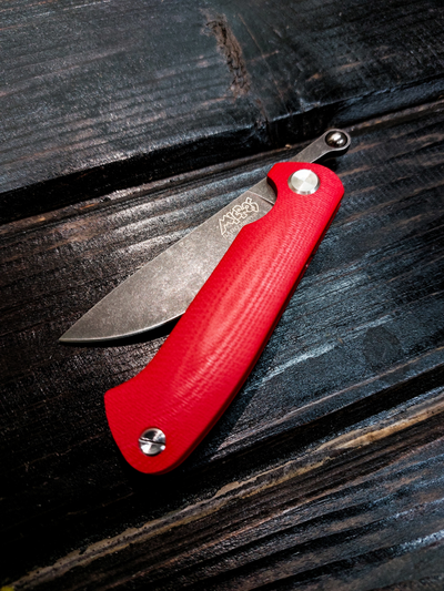 Фрикционный складной нож Микрос сталь К110 BlackWash, рукоять G10, цвет красный