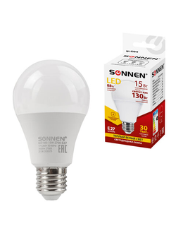 Лампа светодиодная SONNEN, 15 (130) Вт, цоколь Е27, груша, теплый белый, 30000 ч, LED A65-15W-2700-E27, 454919