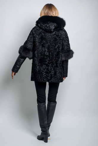 Шуба куртка  с капюшоном женская каракуль трансформер натуральный мех   зимняя    арт. ц-001