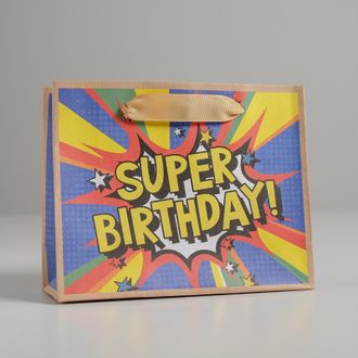 Пакет подарочный крафт 12шт/уп Super birthday S 15x12x5,5 см