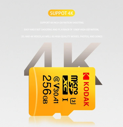 Карта памяти Kodak Micro SD, класс 10, UHS-1 U3 V30 A1 на 256 ГБ, чтение 100 МБ/с, запись данных 30 МБ/с, + переходник SD