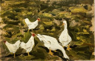 Туржанский Л.В. Куры и гуси 1920-е гг. Картон, масло 16Х24 (1235)