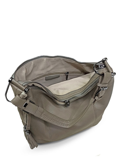 (АРТИКУЛ: 10040/52) СУМКА МЕШОК ЖЕНСКАЯ, НЕБОЛЬШАЯ, НАТУРАЛЬНАЯ КОЖА, СЕРАЯ С БЕЖЕВЫМ ОТТЕНКОМ, РУЧКА И РЕМЕНЬ ЧЕРЕЗ ПЛЕЧО