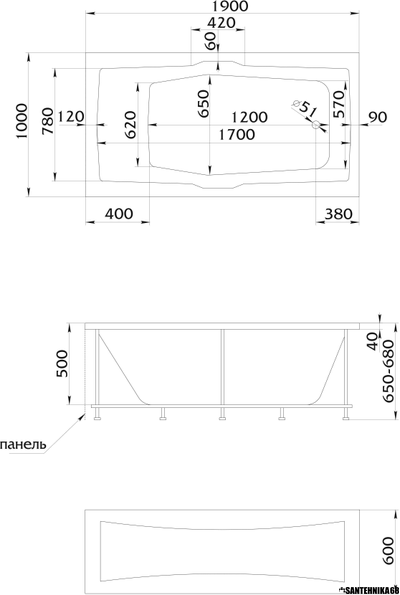 Ванна акриловая прямоугольная 1Marka KORSIKA 190x100 рама разборная + панель