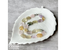 Бусы микс камней (горный хрусталь, розовый кварц, аметист, цитрин, пренит) крупные плоские многогранники фри-форм в огранке 18-23х14-15 мм, цена за штуку