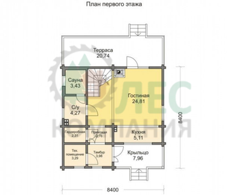 Дом из бруса 8,4x8,4 с мансардой и балконом