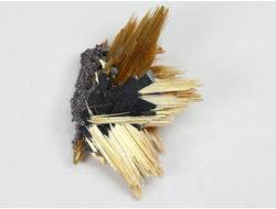 Редкость! Рутил свободного роста, сростки "звезды" золотистых игольчатых кристаллов на кристаллах гематита, Бразилия (28*20*8 мм, 2,5 г) №37917