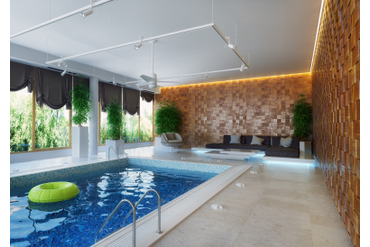 Стеновая панель из термоясеня "Термоясень рыжий" (артикул 1003-ST) в интерьере бассейна