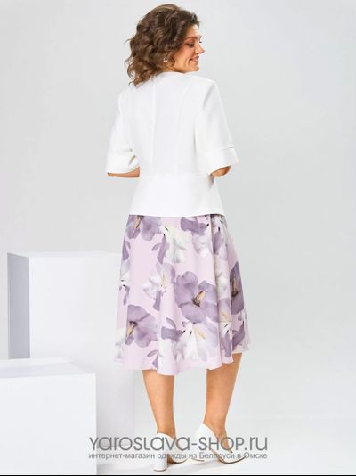 Платье-имитация костюма с белым жакетом и юбкой лавандового цвета