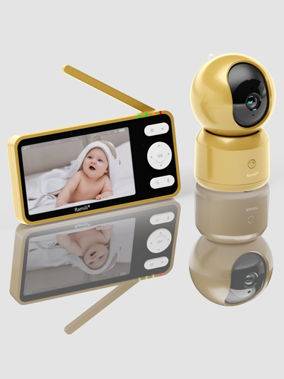 Wi-Fi видеоняня Ramili Baby RV1500GOLD с повышенной дальностью (монитор-камера до 300 м), монитор 5" и 1 поворотная видеокамера, просмотр через мобильные устройства по сервису р2р, DVR, Full HD 2 Mp