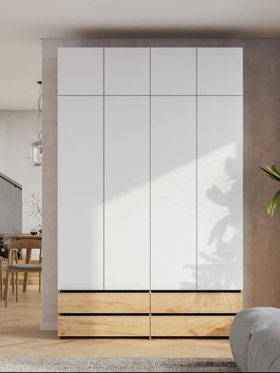 Абрау Шкаф четырехстворчатый с ящиками и антресолью Дуб золотой/Белый