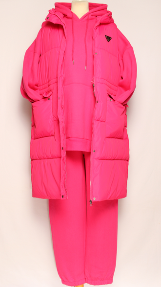 Костюм тройка: худи, брюки, жилет."Теплый с жилетом" фуксия р.50-54