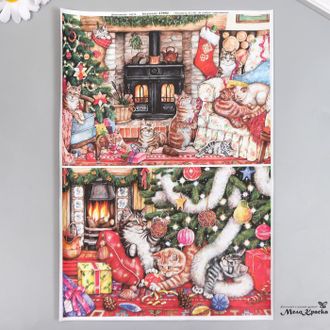 Декупажная карта "Кошки играют у ёлки"