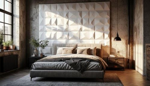 3D-панели из полиуретана на акцентной стене спальни