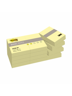 Блоки самоклеящиеся (стикеры) POST-IT Basic 38х51 мм, КОМПЛЕКТ 12 шт. по 100 л., желтые, 653R-BY
