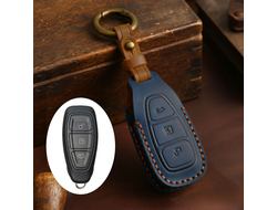Кожаный чехол для смарт ключа Ford Focus 3, Mondeo 4, Kuga. Натуральная синяя кожа.