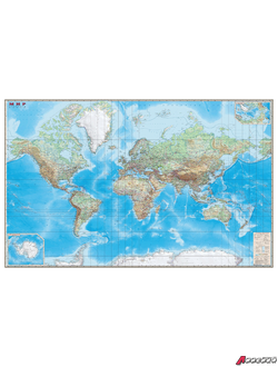 Карта настенная «Мир. Обзорная карта. Физическая с границами», М-1:15 млн., разм. 192×140 см, ламинированная. 123109