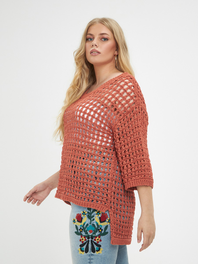 Джемпер-сетка вязанный с рукавом 3/4, цвет- мокко, терракот