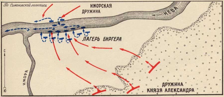 Карта Невской битвы. Источник Бескровный Л.Г. Атлас карт и схем по русской военной истории. М.,1946