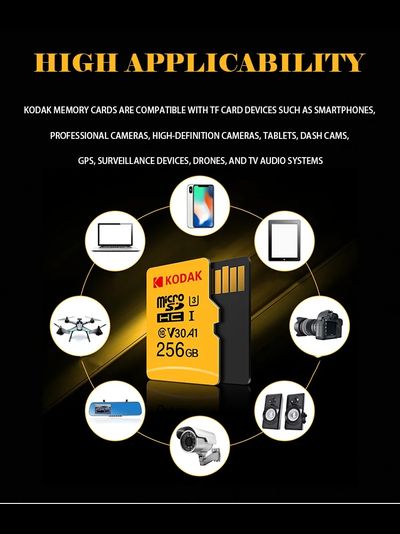 Карта памяти Kodak Micro SD, класс 10, UHS-1 U3 V30 A1 на 256 ГБ, чтение 100 МБ/с, запись данных 30 МБ/с, + переходник SD