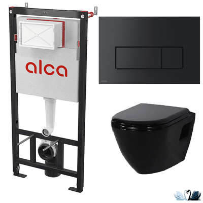 Унитаз с инсталляцией подвесной Creavit Terra черный глянец в комплекте с Alcadrain AM101/1120-4:1 RU M578-0001 с черной клавишей