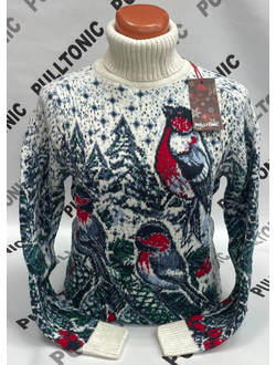 Свитер женский Снегири и ели 02