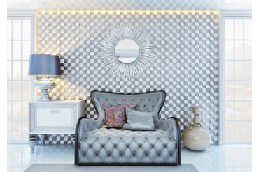 Стеновая панель из массива дуба "Квадратики серебро" (артикул 1002-ST) в интерьере гостиной