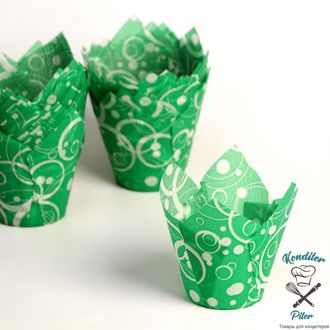 Форма для выпечки "Тюльпан", зеленый с белыми кольцами, 5 х 8 см, 10 шт