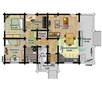Одноэтажный дом из бруса 8,5x15,5 с верандой и крыльцом