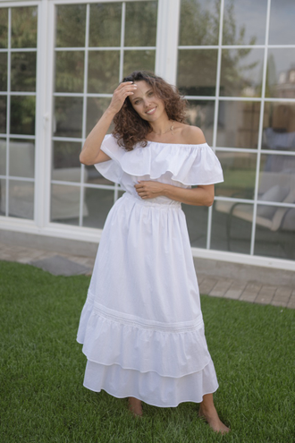 Платье бохо летнее из жатого хлопка (белое)