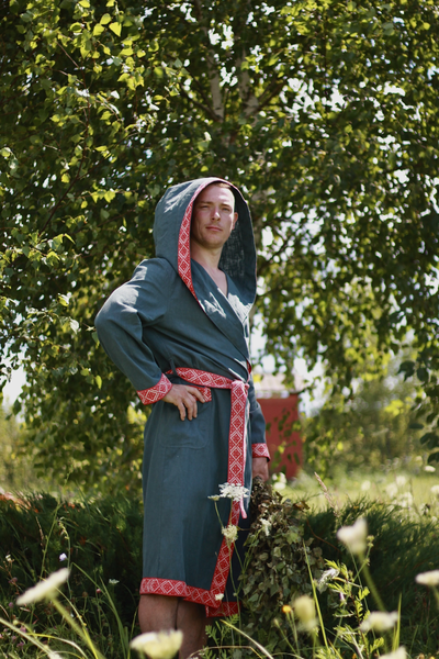 Халат для бани из крапивы "Легкий Пар" зеленый с капюшоном