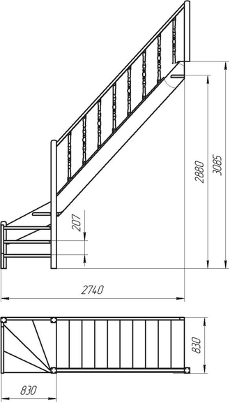 Деревянная межэтажная лестница ЛЕС-07 поворот 90°