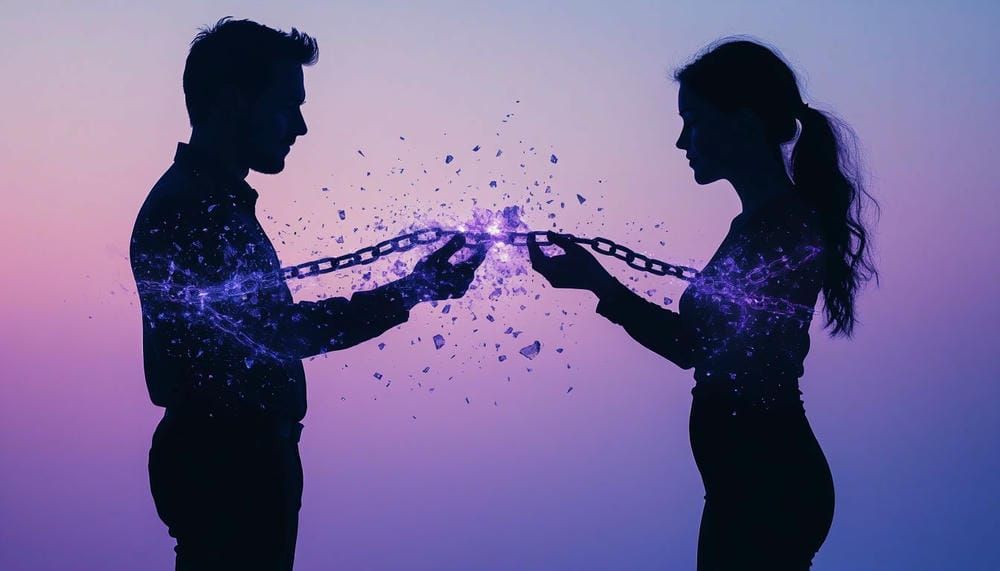 Метафорическое изображение разрывающихся стеклянных цепей между двумя фигурами.