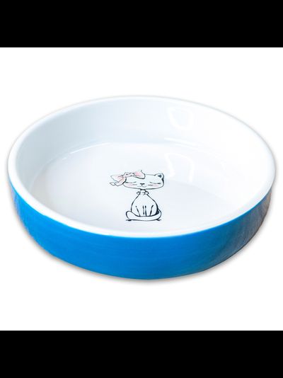 Миска Mr.Kranch керамическая для кошек, кошка с бантиком, голубая 370 мл
