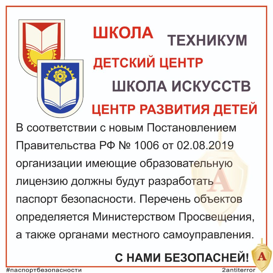 Паспорт безопасности для объектов образования. Постановление Правительства  РФ № 1006 от 02.08.2019