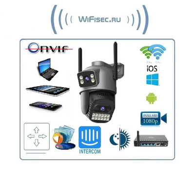 DE-WiFicam-02-4grey уличная моторизированная WiFi (2,4 и 5 Ггц)/LAN охранная видеокамера с 2 объективами, интерком, ночная подсветка ИК + свет, с DVR. 4+4 Mp. (O-Kam Pro)
