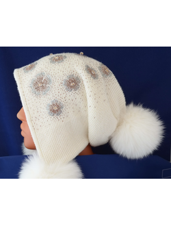 Женская шапка ушанка белая Италия Vizio с белыми помпонами коллекция женских шапок с помпонами Vizio