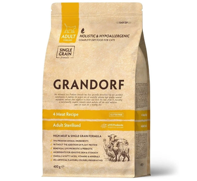 Grandorf (Грандорф) сухой корм для стерилизованных кошек и кастрированных котов 4 мяса с пробиотиками, 400 г