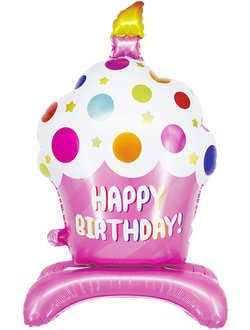 Шар 3D (35''/89 см) Фигура на подставке, Кекс на День Рождения, Розовый