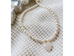 Чокер Жемчуг и сердце розовый кварц