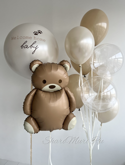 Набор шаров на выписку бежевый с медвежонком Барни