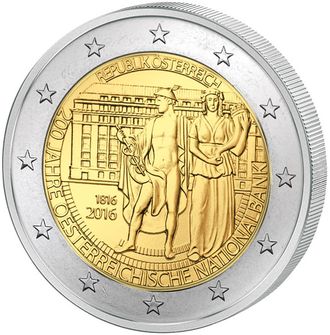 2 евро 200 лет Национальному Банку Австрии. Австрия, 2016 год