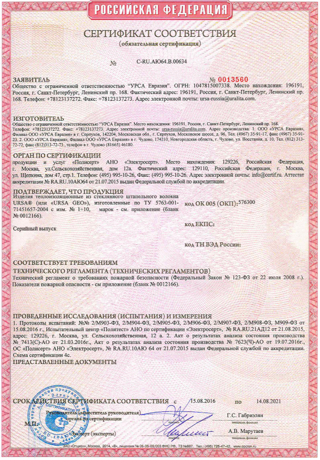 Сертификат соответствия пожарной безопасности минеральной ваты URSA 