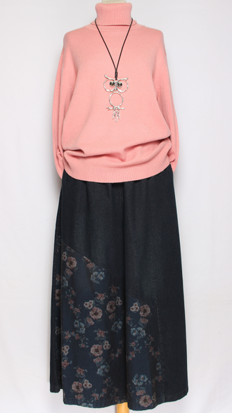 ЮБКА-БРЮКИ  джинсовая "Цветы розовые " синяя р.50-58