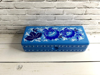 Футляр для очков Цветы голубая 165*70 мм очечник с росписью Хохлома