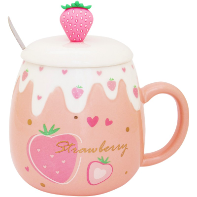 Кружка с крышкой и ложкой "Клубника со сливками", 500мл , Цвет: Розовый