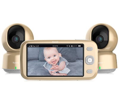 Wi-Fi видеоняня Ramili Baby RV1600X2 с повышенной дальностью (монитор-камера до 400 м), монитор 5" и 2 поворотные видеокамеры, просмотр через мобильные устройства по сервису р2р, DVR, Full HD 2 Mp